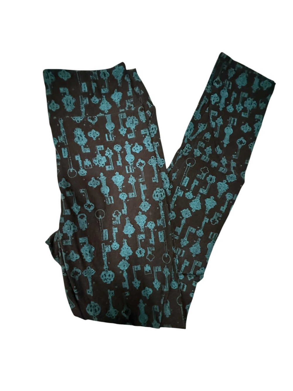 LuLaRoe Black Leggings with Teal Key Print